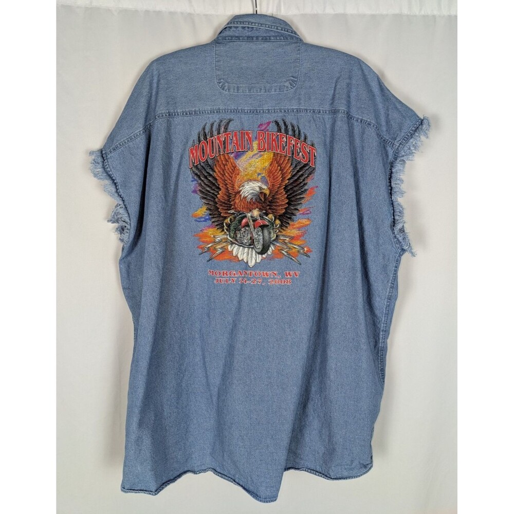Button Down 4XL Men's Blue Denim Jean Sleeveless Mountain Bikefest '08 Pockets